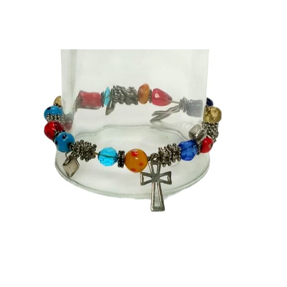 🌈 Multicolor Lampwork Bracelet w/ Cross Charms | Boho VTG Stretch - Picture 6 of 12